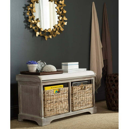 SAFAVIEH Freddy Contemporary Wicker Storage Bench with Cushion, Vintage White