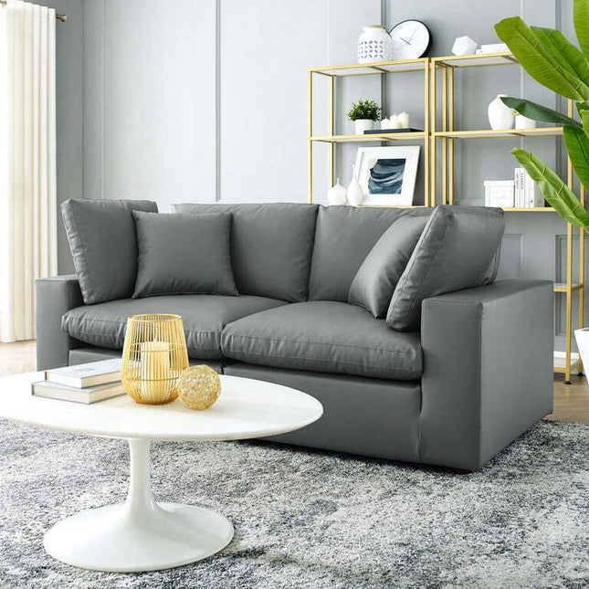 Modway Commix Down Filled Overstuffed Vegan Leather Loveseat in Gray