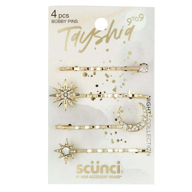 Tayshia by Scunci Rhinestone Celestial Design Bobby Pins, Gold-Tone Metal, 4 Ct