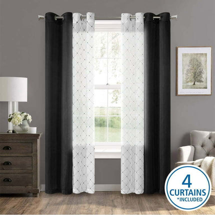 Mainstays 4 Piece Embroidered Curtain Panel Set, 27.5" x 84" inches, Black