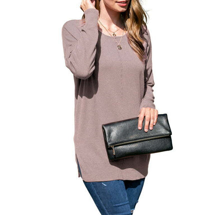 Doublju Women's Long Sleeve Round Neck Loose Fit Knit Sweater with Plus Size