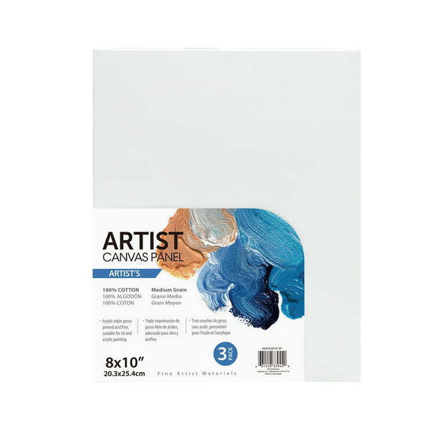 Artist Canvas Panel, 100% Cotton Acid Free White Canvas, 8"X10", 3 Pieces