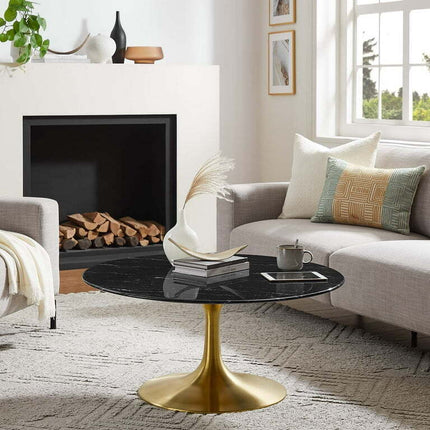 Modway Lippa 36" Round Artificial Marble Coffee Table in Gold Black