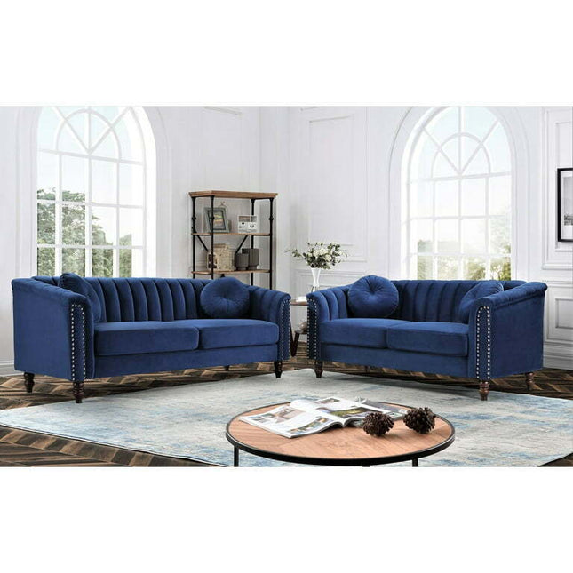 US PRIDE FURNITURE Hills Tufted Back Nailhead 2PCS Living Room set-Dark Blue