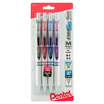 Pentel Energel Pearl Gel Pen, 0.7mm Medium, Needle Tip, Assorted Ink, 4 Pack