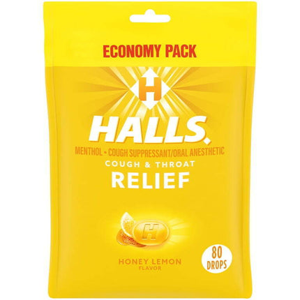 HALLS Relief Honey Lemon Cough Drops, Economy Pack, 80 Drops
