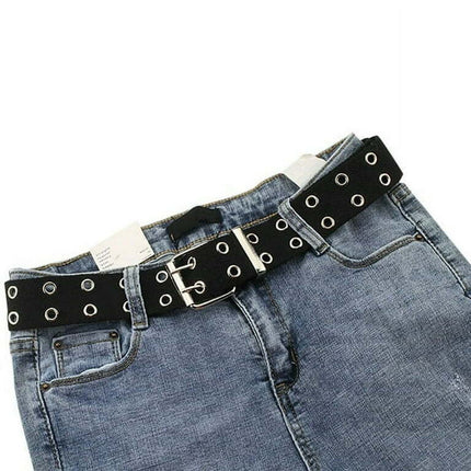 Unisex Women Men Canvas Double Grommet Holes Belt 2-Row Studded Belts Band