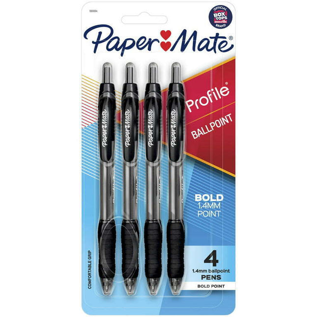 Paper Mate Profile Retractable Ballpoint Pens, 1.4 mm Bold Point, Black, 4 Count