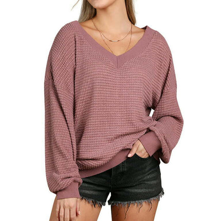Doublju Womens Long Sleeve Ribbed V Neck Waffle Knit Sweater Top With Plus Size