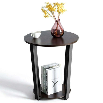 2-Tier Industrial Round End Table Metal Sofa Side Table w/ Storage Shelf Walnut