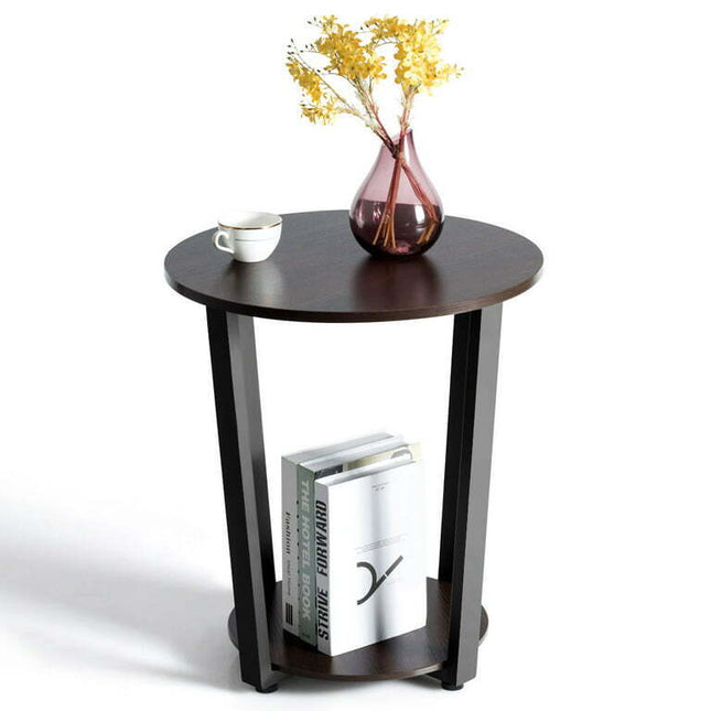 2-Tier Industrial Round End Table Metal Sofa Side Table w/ Storage Shelf Walnut