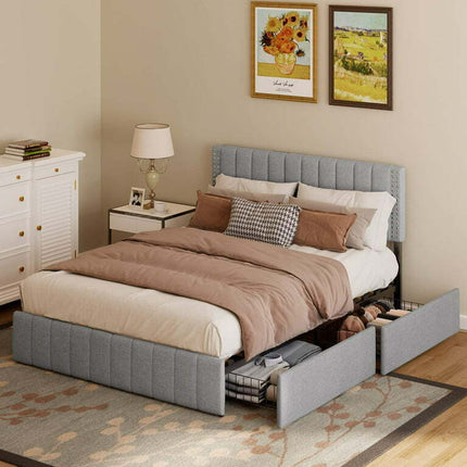 Bed Frame Full with 4 Storage Drawers for Bedroom, Light Grey