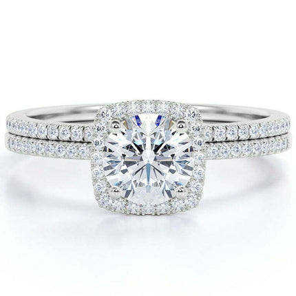 1 Carat Round cut Moissanite Engagement Ring Set in 18k White Gold Over Silver