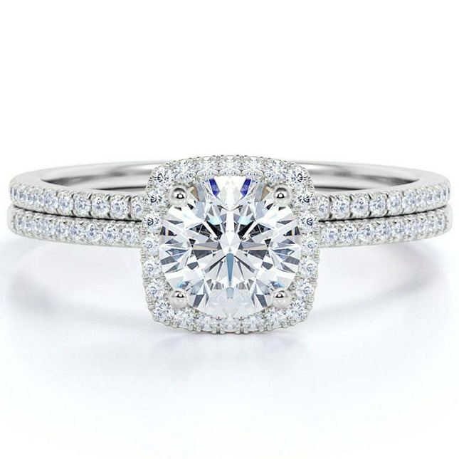 1 Carat Round cut Moissanite Engagement Ring Set in 18k White Gold Over Silver