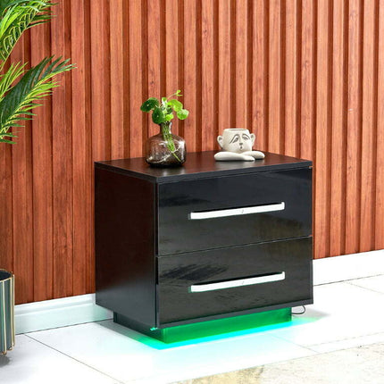 Modern High Gloss End Table Side Table & Led Lights Living Room Black
