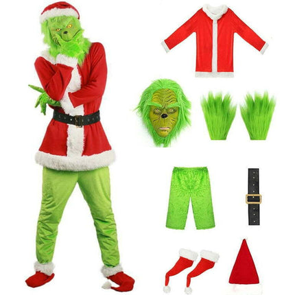 7PCS Grinch Santa Costume with Funny Mask Christmas Hat