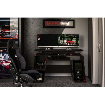 Polifurniture San Diego Wood Gaming Desk with Storage, Black and Red Finish