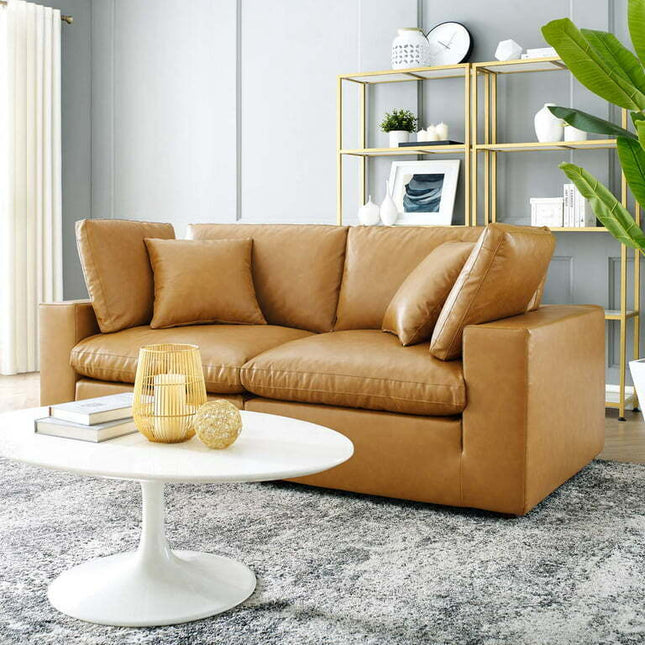 Modway Commix Down Filled Overstuffed Vegan Leather Loveseat in Tan