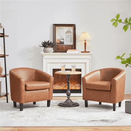 Easyfashion Faux Leather Barrel Accent Chair, Set of 2, Brown