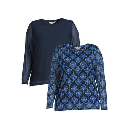Terra & Sky Women's Plus Size Long Sleeve Mesh Top, 2-Pack