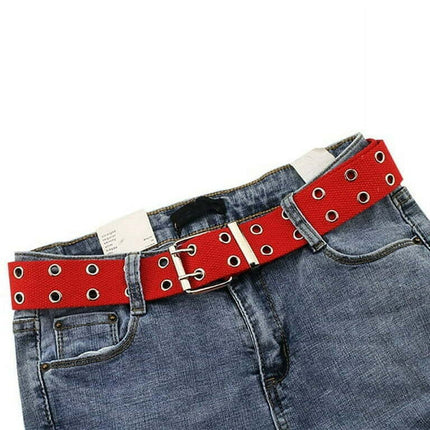 Unisex Women Men Canvas Double Grommet Holes Belt 2-Row Studded Belts Band