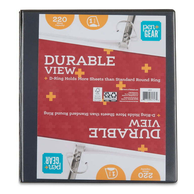 Pen+Gear 3-Ring Durable View Binder, 1 inch Slanted D-Binder Rings, Black