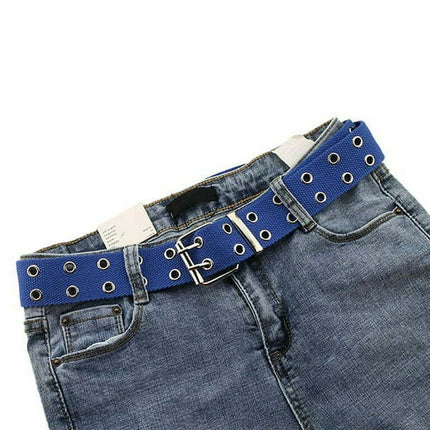 Unisex Women Men Canvas Double Grommet Holes Belt 2-Row Studded Belts Band