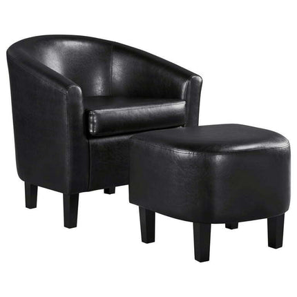 Easyfashion Barrel Accent Chair with Ottoman, Black Faux Leather