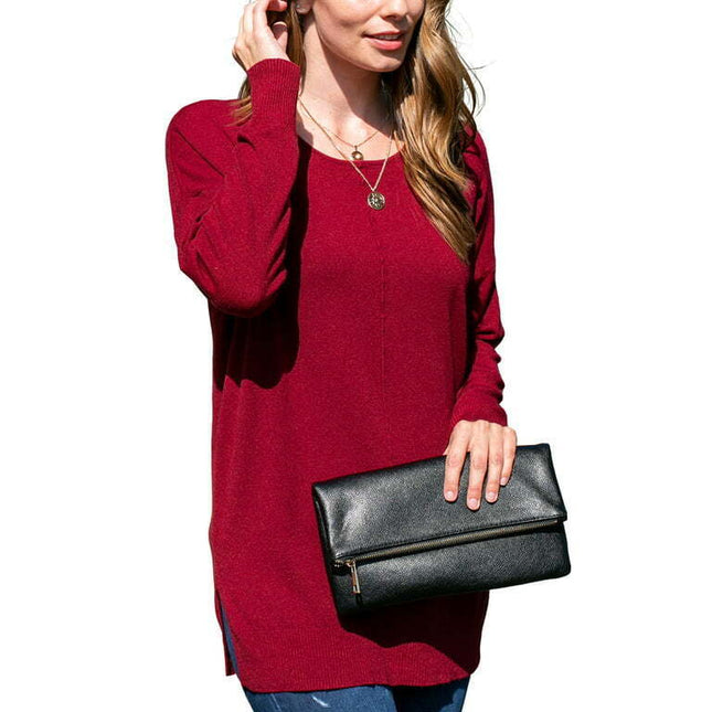 Doublju Women's Long Sleeve Round Neck Loose Fit Knit Sweater with Plus Size