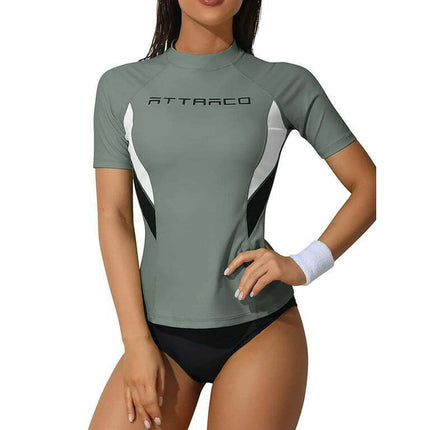 Women's Short Sleeve Color Blocked Rash Guard Quick Dry Swim Shirt Tops