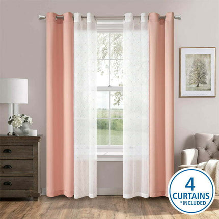 Mainstays 4 Piece Embroidered Curtain Panel Set, 27.5" x 84" inches, Blush
