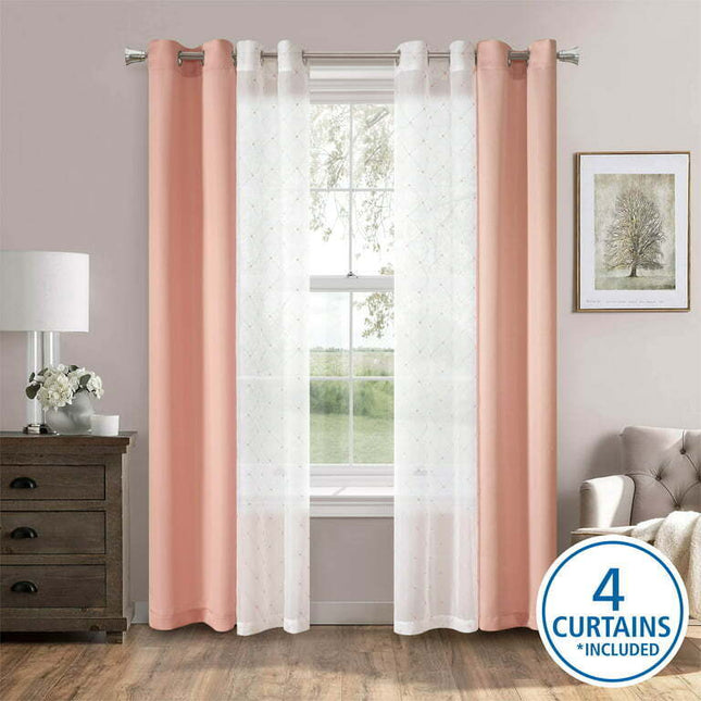 Mainstays 4 Piece Embroidered Curtain Panel Set, 27.5" x 84" inches, Blush