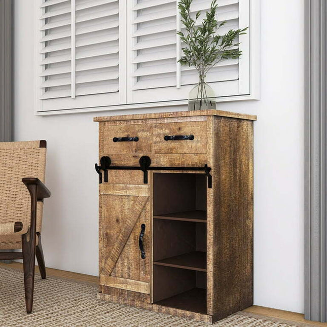 Fir Wood and Metal Farmhouse Barn Door Accent Cabinet Antique brown