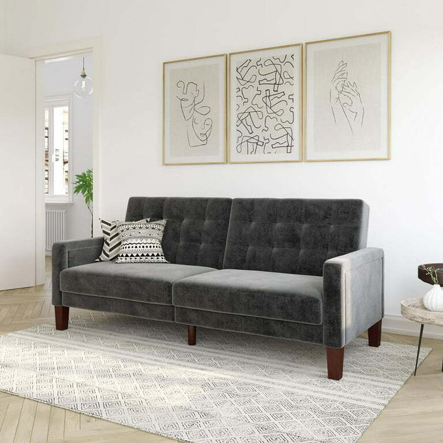 Better Homes & Gardens Porter Fabric Tufted Futon, Gray Velvet