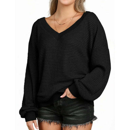 Doublju Womens Long Sleeve Ribbed V Neck Waffle Knit Sweater Top With Plus Size