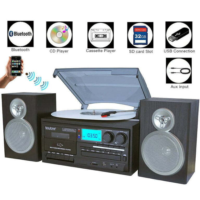 Boytone BT-28SBS Bluetooth Classic Style Record Player Turntable w/ CD Player