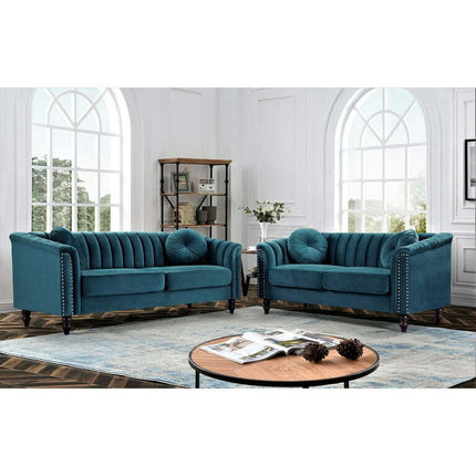 US PRIDE FURNITURE Hills Tufted Back Nailhead 2PCS Living Room set-Blue Green