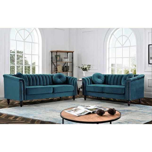 US PRIDE FURNITURE Hills Tufted Back Nailhead 2PCS Living Room set-Blue Green