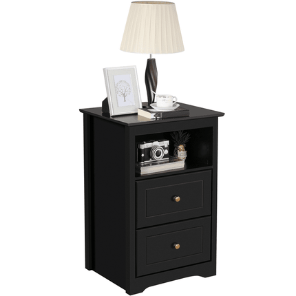 Easyfashion Wooden Nightstand with Storage Drawers and Open Shelf, Black