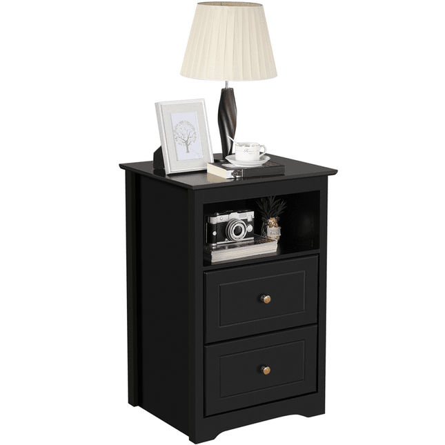 Easyfashion Wooden Nightstand with Storage Drawers and Open Shelf, Black