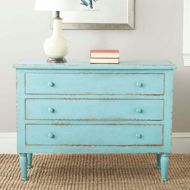 SAFAVIEH Talbet Bohemian Nautical Storage Chest with 3 Drawers, Distressed Blue