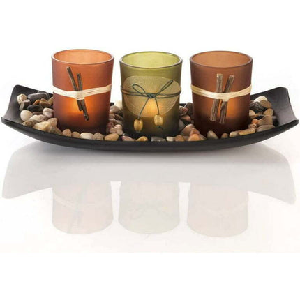 Natural Candlescape Set, 3 Decorative Candle Holders, Rocks and Tray
