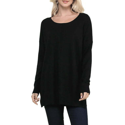Doublju Women's Long Sleeve Round Neck Loose Fit Knit Sweater with Plus Size