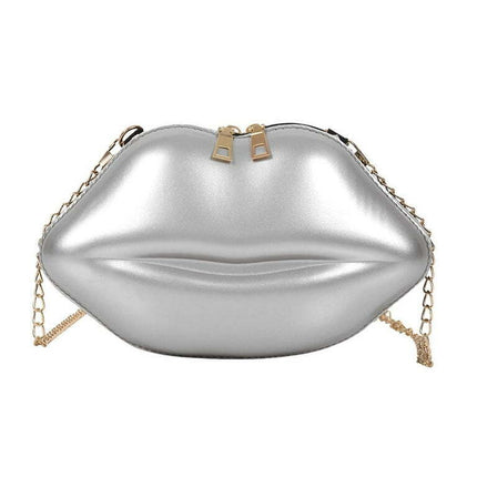 Lips Women PVC Handbags Chain Messenger Bags Shoulder Party Clutch, Silver