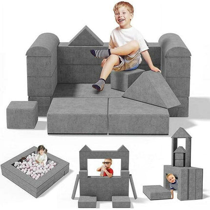 Tolead 10 pcs Kids & Toddler Play Couch with Ottomans, Gray