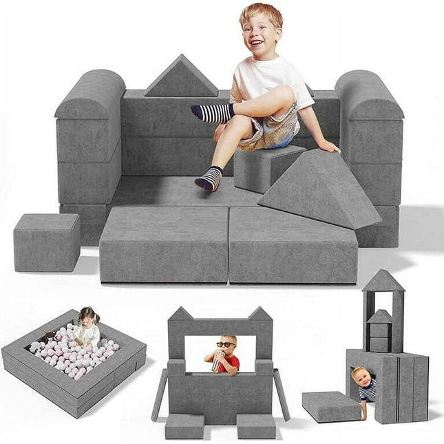 Tolead 10 pcs Kids & Toddler Play Couch with Ottomans, Gray