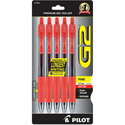 Pilot G2 Premium Retractable Gel Ink Pens, Fine Point, Red, 5 Pack