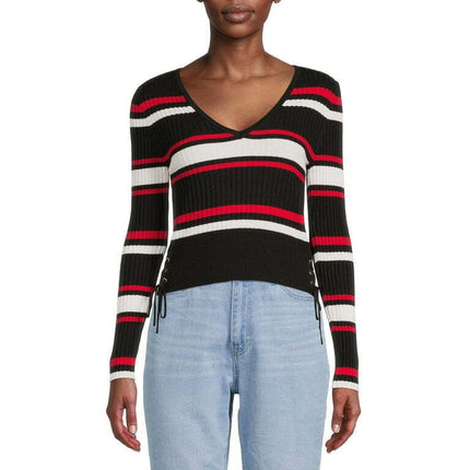 No Boundaries Junior's Stripe V-Neck Sweater