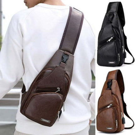 Male Leather Sling Chest Pack, USB Hole Travel Crossbody Bag