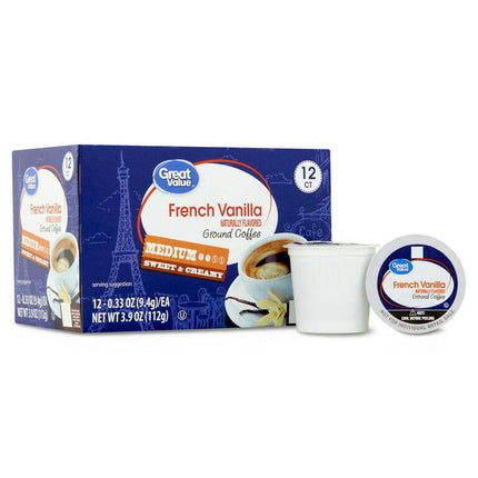 Great Value 100% Arabica French Vanilla Medium Roast Ground Coffee Pods, 12 Ct